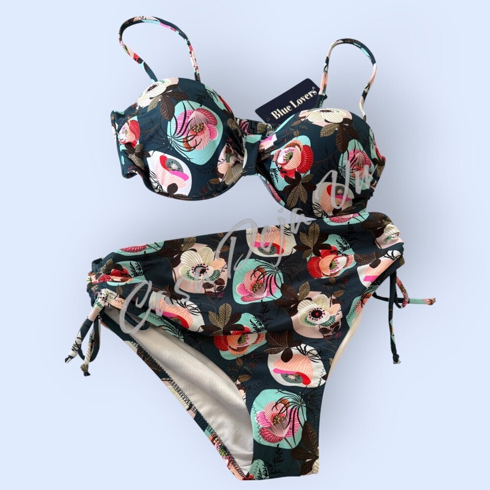 Blue Lovers Tropical Navy & Floral Underwire Cinch Hip 2 pc Bikini Size 12